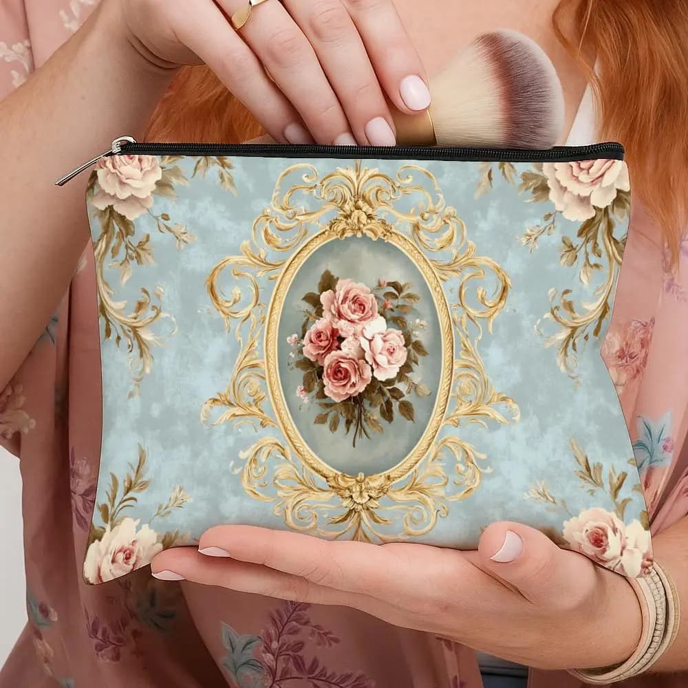 Borsa per cosmetici decorativa con motivo floreale, 1 pezzo, con design vintage a forma di rosa - Pochette multifunzionale con cerniera per donna, borsa da viaggio perfetta con cerniera, divertente regalo di compleanno
