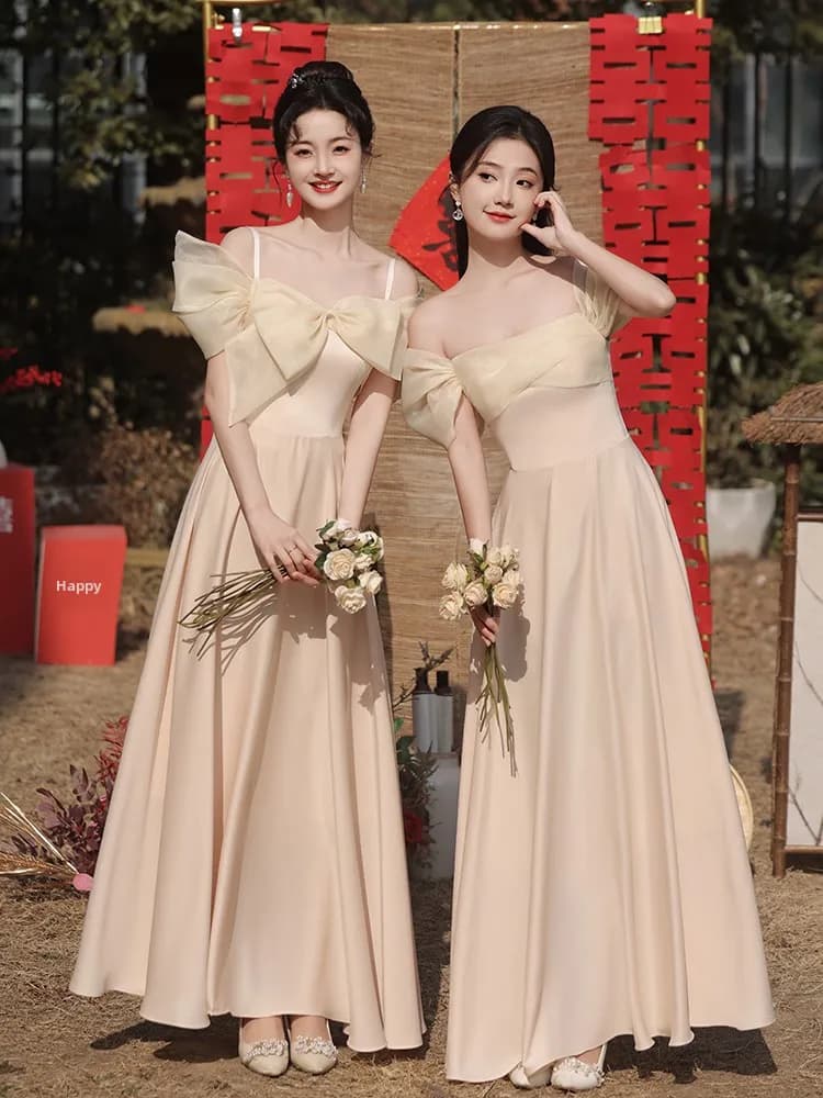 Champagne Color Maids Dress Satin Wedding Gown Fashionable mid Waist A-Line Skirt Long Sleeve Applicable for Various Occasions
