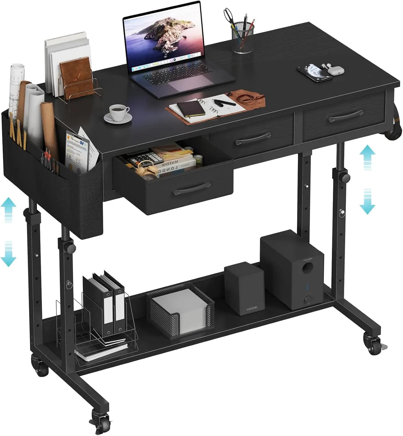 Scrivania mobile regolabile in altezza con cassetti, tavolo per laptop da 40 pollici per casa, ufficio, aula, nero