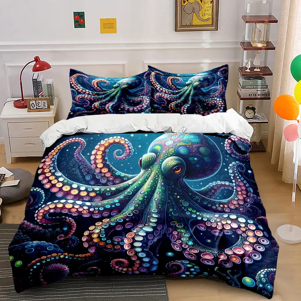 Scena subacquea con polpi colorati. Set di Biancheria da Letto Stampata: 1 Copripiumino e 2 Federe per Adulti e Bambini, Regalo di Lusso, Misura Completa