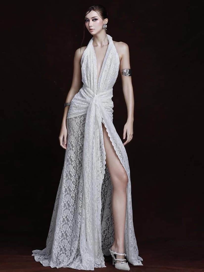 Abito da donna Sisjuly Sexy Pure Desire Goddess con pizzo lavorato, design trasparente, schiena scoperta, spacco e collo all'americana.
