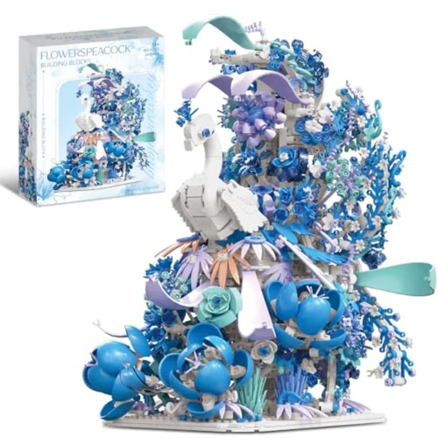 Set di Costruzioni Pavone con Fiori Blu per Adulti - Giocattolo Creativo a Forma di Uccello Pavone con Elementi Botanici, Decorazione Artistica per Casa e Ufficio, Compatibile con