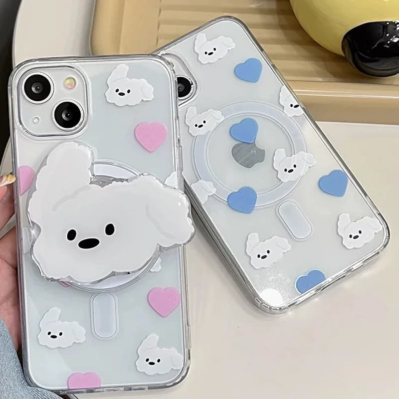 Cover per iPhone 17 16 E 15 14 13 12 11 Pro Max Plus MINI con design Cane Amore Rosa e Blu in stile Giapponese e Coreano, compatibile con MagSafe