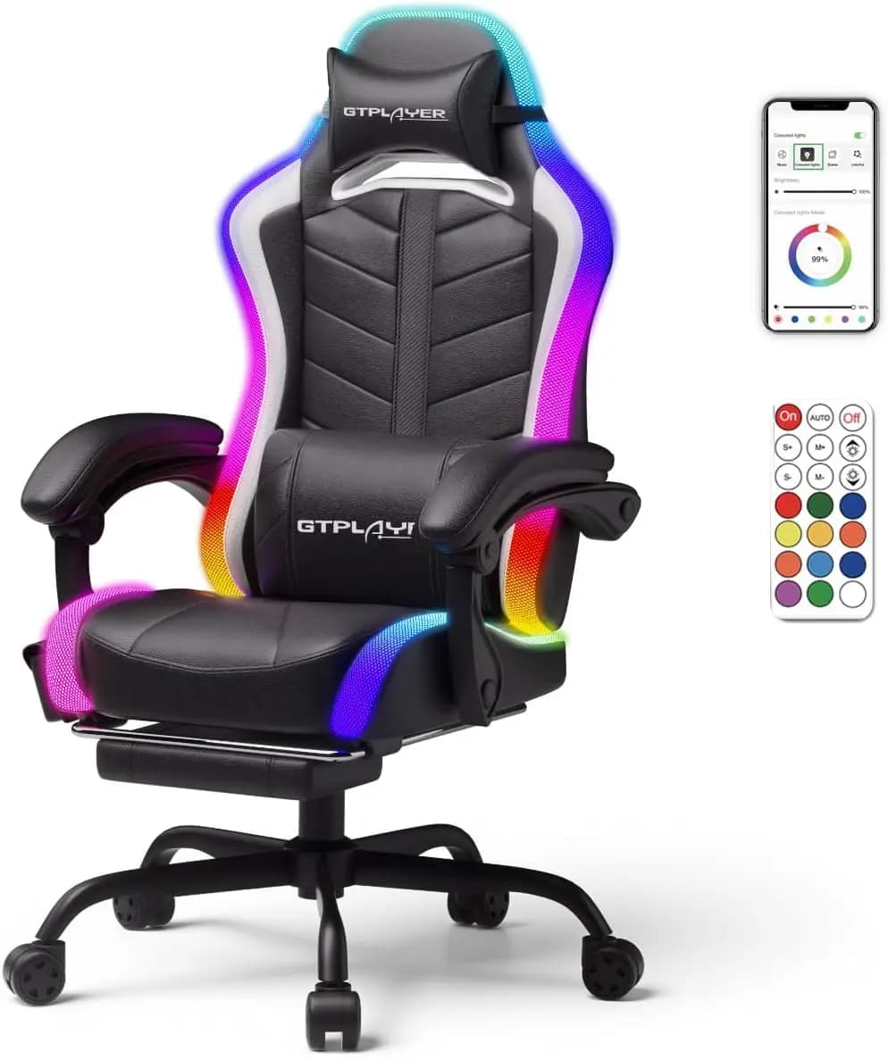 Sedia da Gaming RGB LED con Altoparlanti Bluetooth, Sedia Ergonomica da Computer con Schienale Alto, Poggiapiedi e Braccioli Collegabili