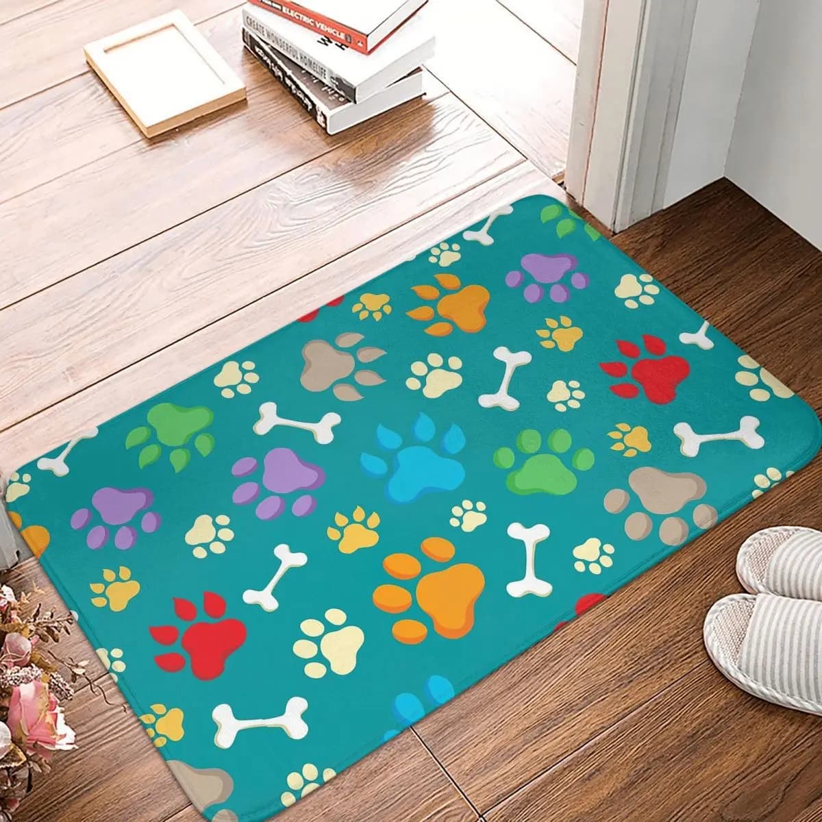 Colorful Dog Paw And Bones Print Doormat Kitchen Entrance Home Floor Mat Non-slip Carpet Rug for Bathroom Footpad Mats