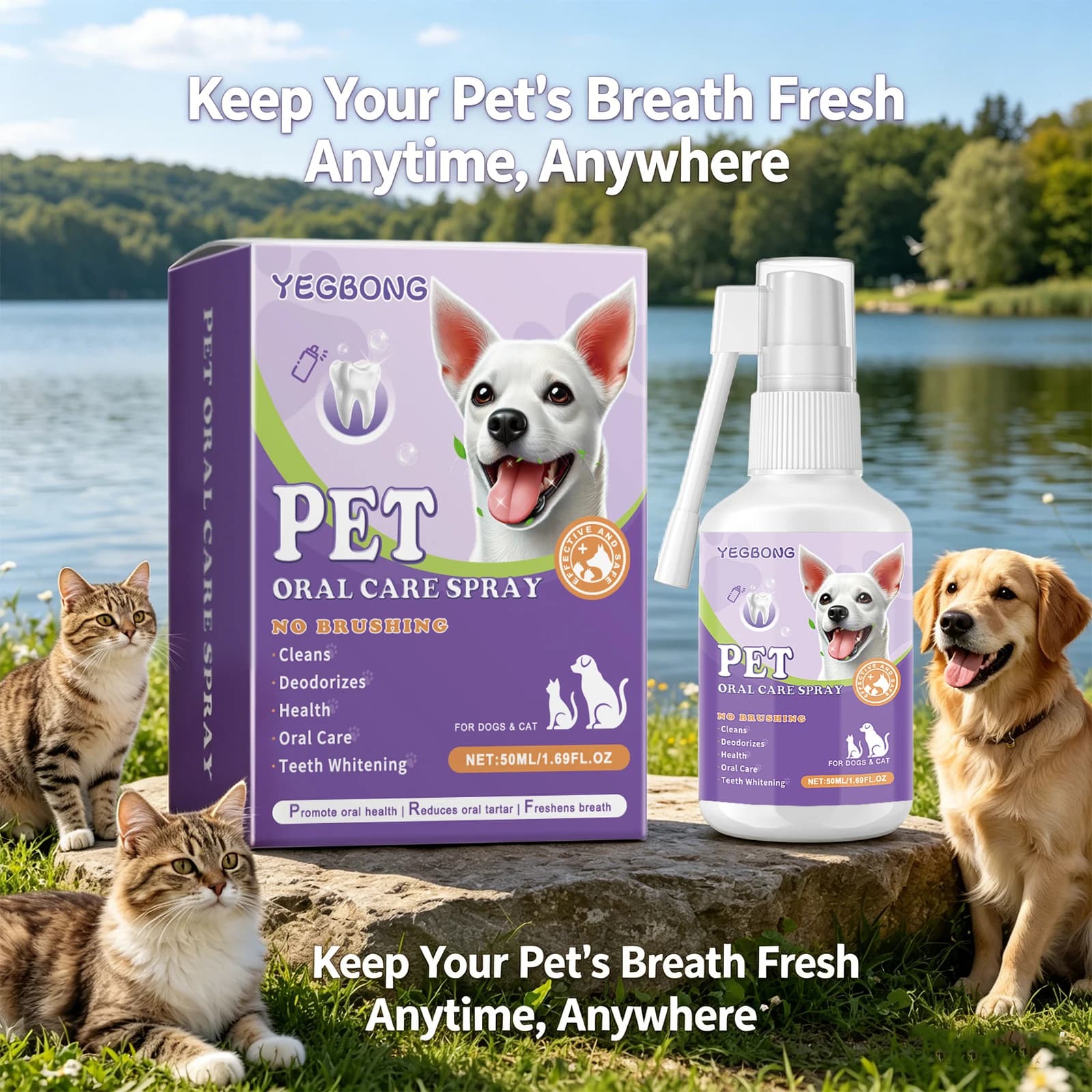YEGBONG Spray Orale per Animali Domestici 50ml per Cani e Gatti Trattamento Alito Cattivo Pulizia Denti Deodorante Spray per Cura Dentale Rinfrescante per Bocca degli Animali
