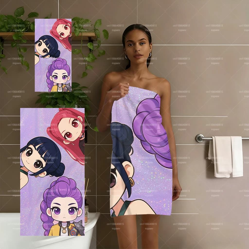 1PC Asciugamano da spiaggia K-Pop Girl Group Chibi, asciugamano da bagno in microfibra viola glitterato ad asciugatura rapida, stampa anime cartoon per piscina, spiaggia, viaggio