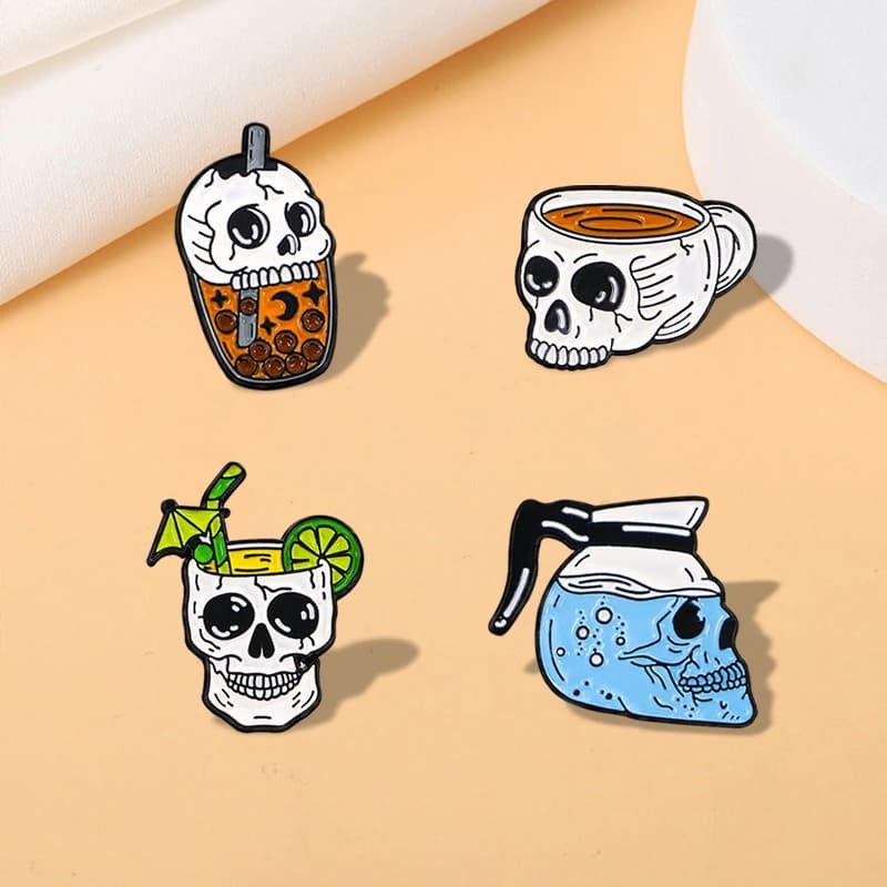 New Skull Coffee Cup Shape Cartoon Brooch Cartoon Punk Style Alloy Badge Pin Unisex DIY Clothing Bags Hat Scarf Jeans Accessory