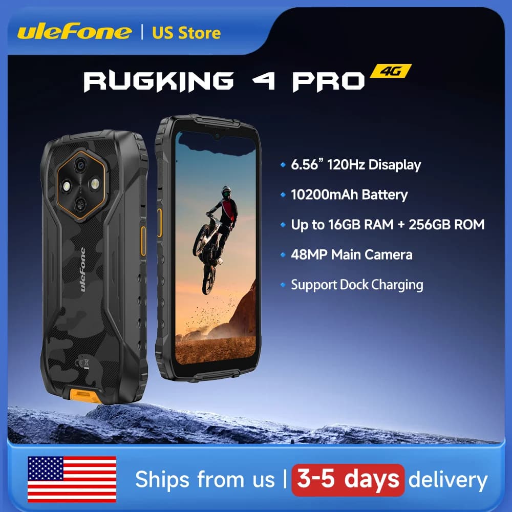 Ulefone RugKing 4 Pro Rugged Phone 6.56" 120Hz Android 15 16GB+256GB 10200mAh Waterproof 48MP Camera NFC Global 4G Smartphone