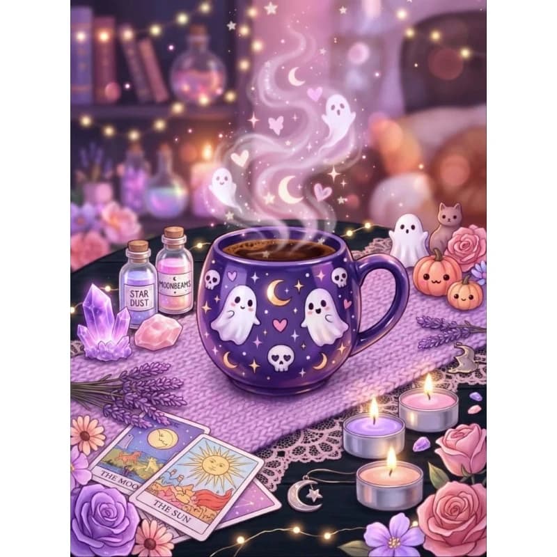 DIY Cute Ghost Purple Coffee Cup Tarot Card Crystal Witchy Scene Diamond Painting Mosaic Handmade Art Exquisite Home Decoration