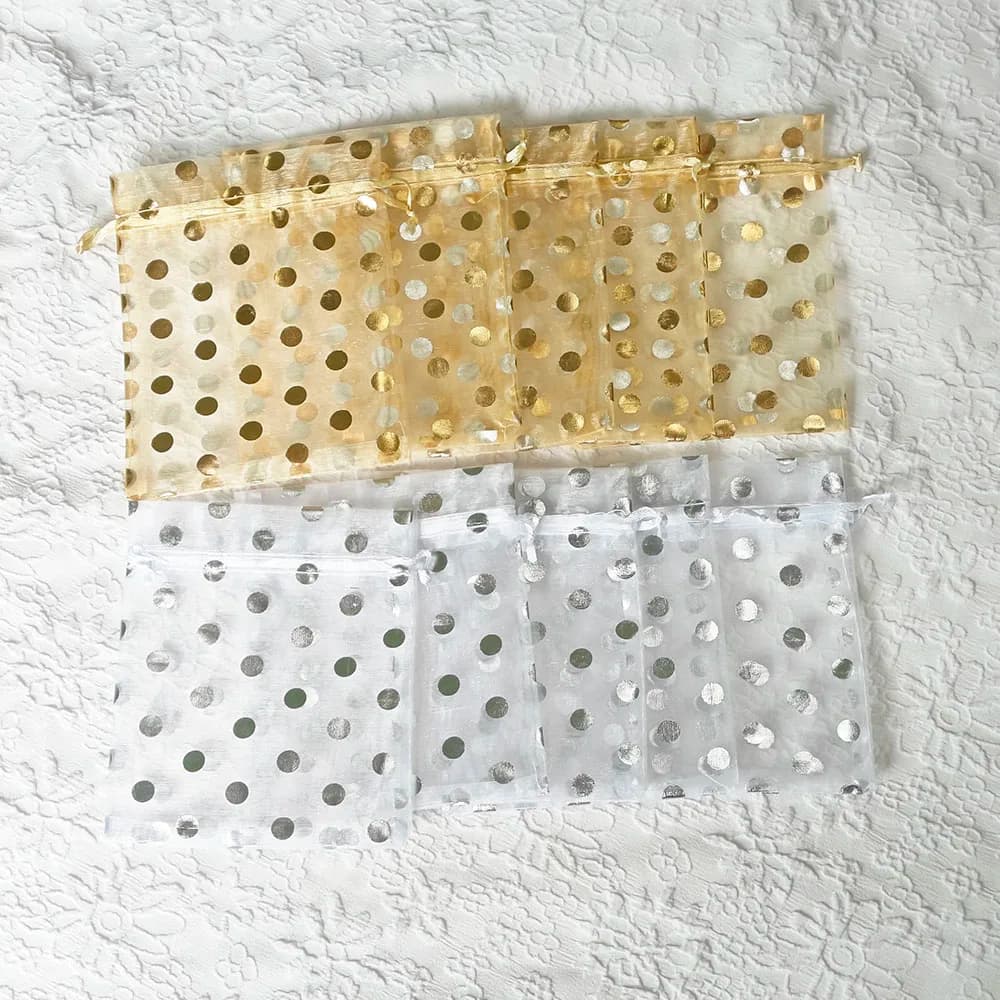 10x12cm 10x15cm Organza Gift Bags Gold Silver Color Dot Pattern Jewelry Packaging Bag for Wedding Party Candy Gift Packing Bag