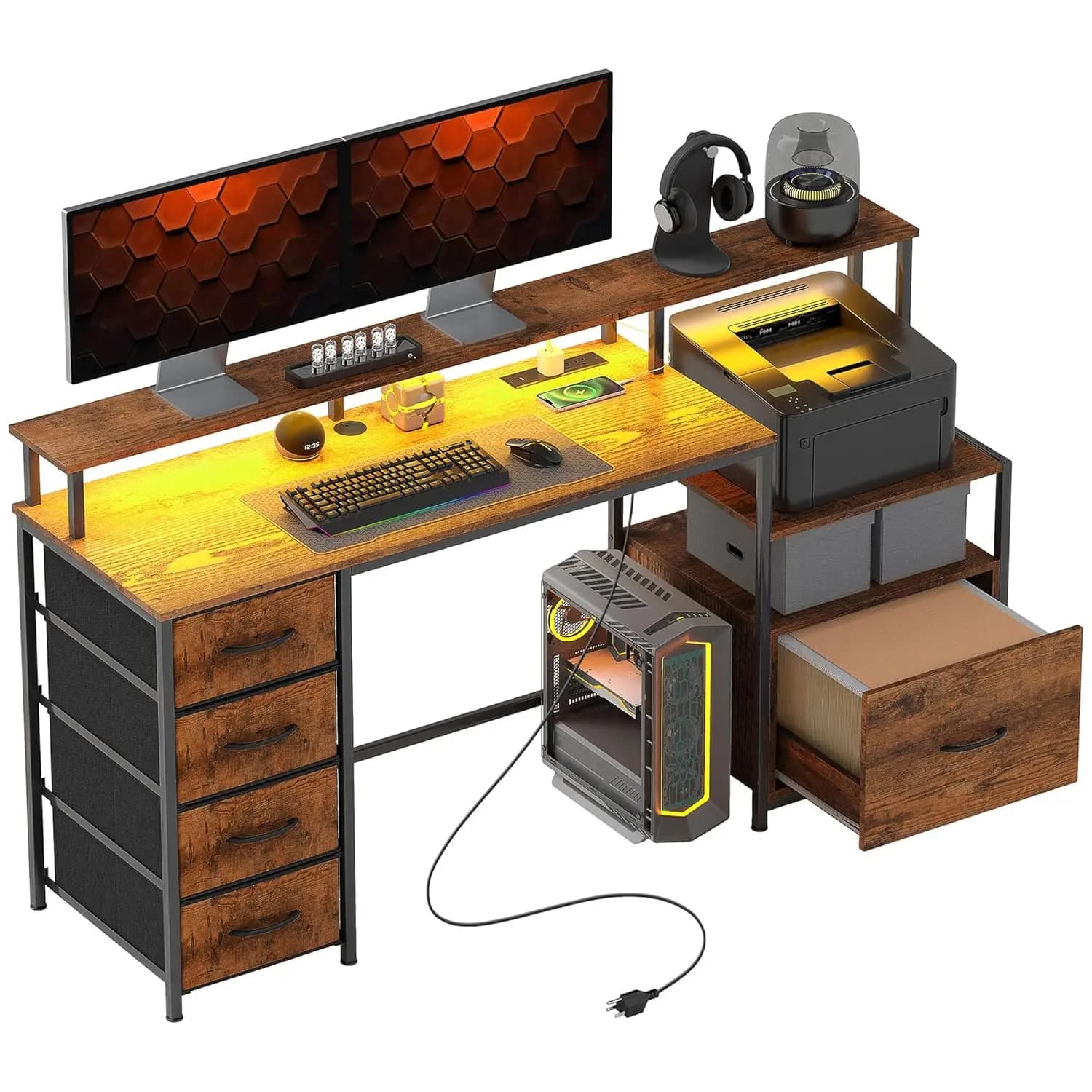 Scrivania da Gaming 67 Pollici con Armadietto, Cassetti in Tessuto, Prese di Corrente, Supporto Monitor LED, Ripiano Stampante, per Ufficio Domestico, Marrone, Personalizzabile