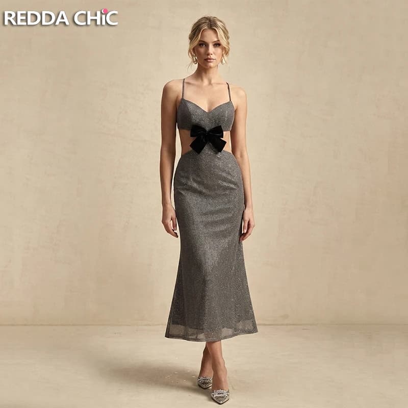 REDDACHiC Abito da festa scintillante con cut-out, da donna, da sera, a sirena, con scollo a V, con spalline sottili, senza schienale, abito lungo, abbigliamento estivo sexy