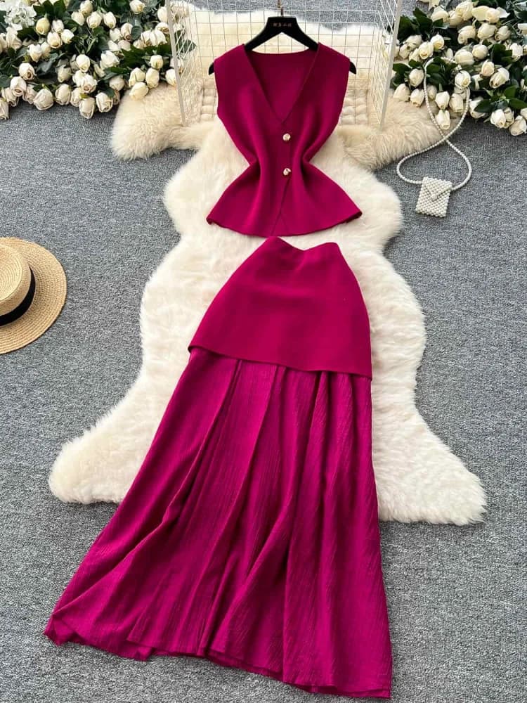 Summer Women Sleeveless Knitted Top High Waist Splicing Hip Hugging Skirt Set Temperament High-end Two-piece Set