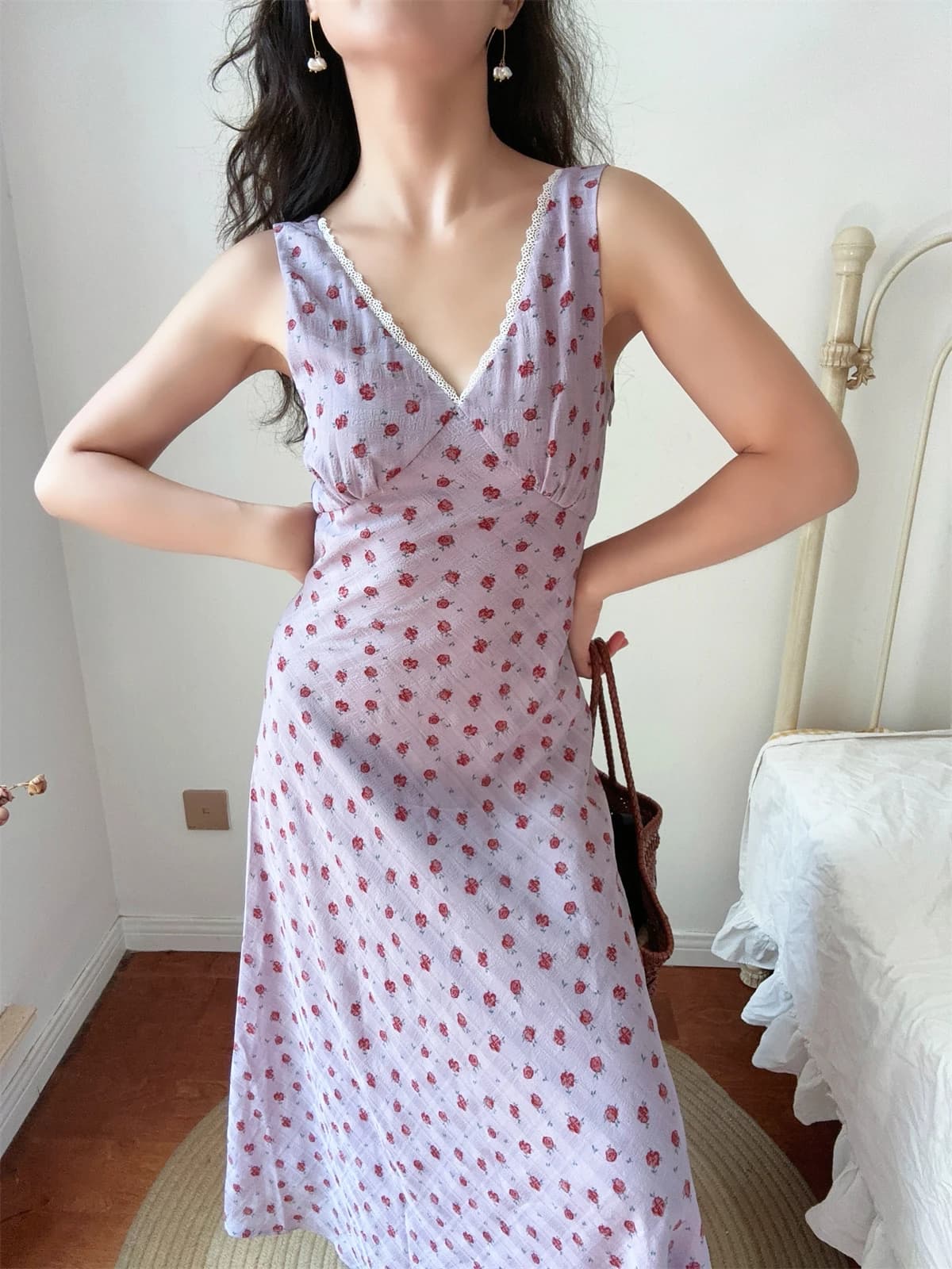 DADANA Romantic Rose Print V-neck Lace Hem Waist-cinching Vest Dress Slimming Holiday Women's Skirt Breathable Soft Polyester...