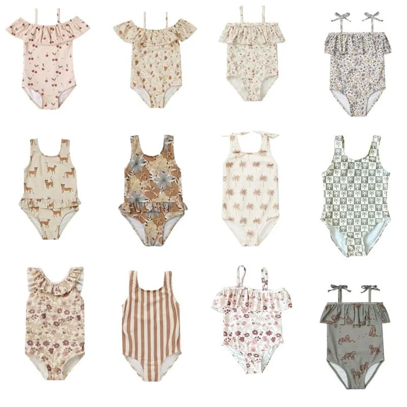 Girls One Pieces Swimsuit With Cap Summer Floral Printed Ruffle Girl Swimwear Sweet Children Beach Wear Swimming Clothes