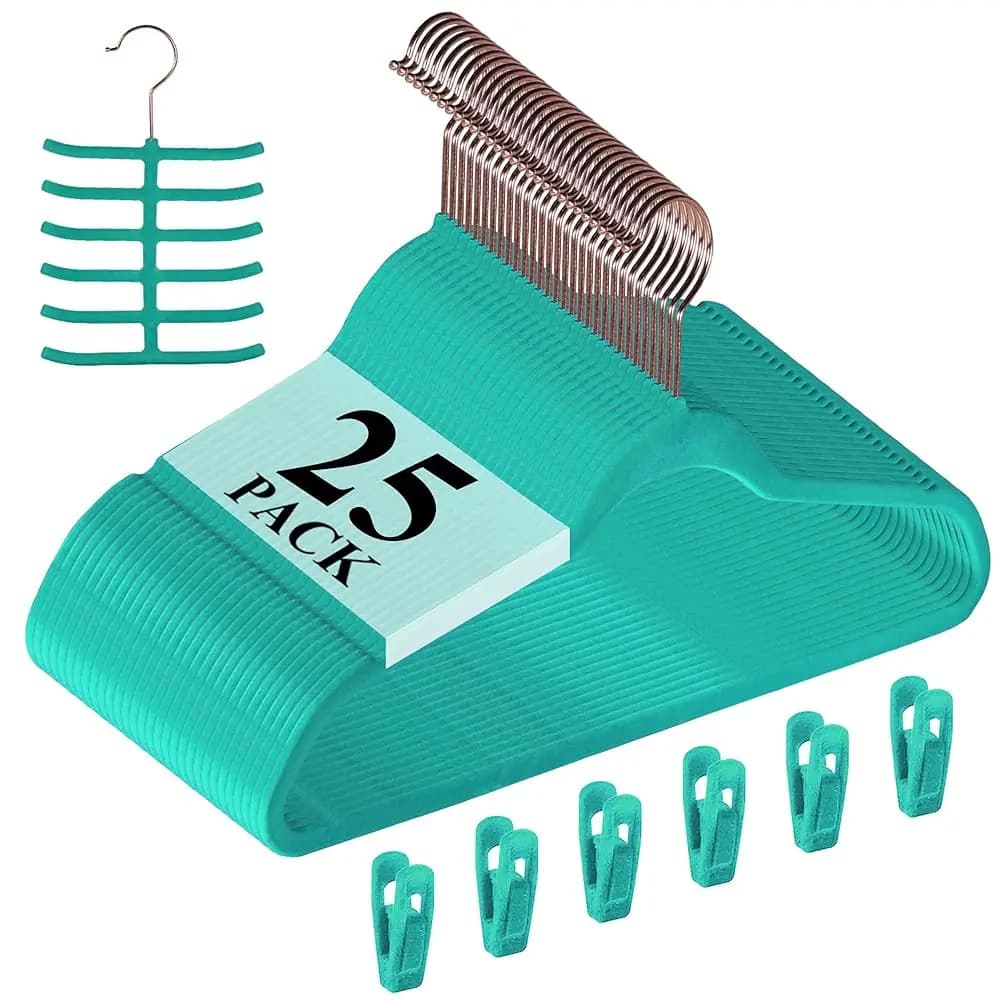Appendiabiti in Velluto Premium per Abiti Pesanti (Confezione da 25) - Antiscivolo e Salvaspazio con 6 Clip a Dita e Gancio per Cravatte - Eccellente per