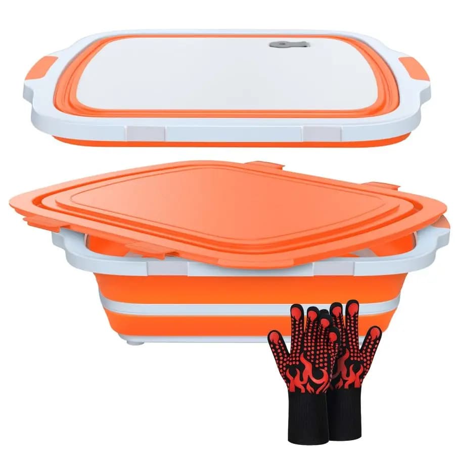 Folding Bathtub for Preparing BBQ with Cutting Board and Draining Carpet, Portable Food Preparing Station for Kitchen, Camping and Grill, Dishwasher Washing Machine