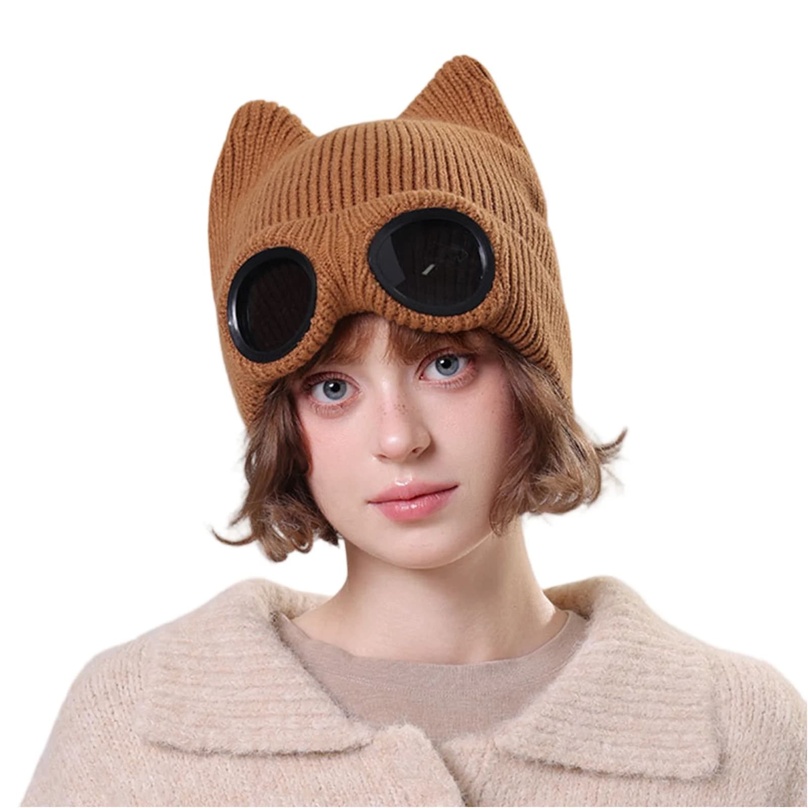 Cappello lavorato a maglia unisex con orecchie di gatto, cappello da sci caldo autunnale e invernale con occhiali, cappello casual elegante tinta unita, cappello caldo, berretti