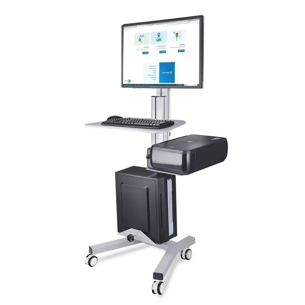 Carrello Medico Mobile per Computer, Postazione di Lavoro su Ruote con Supporto Monitor, Vassoio Tastiera Regolabile e Porta CPU/Stampante