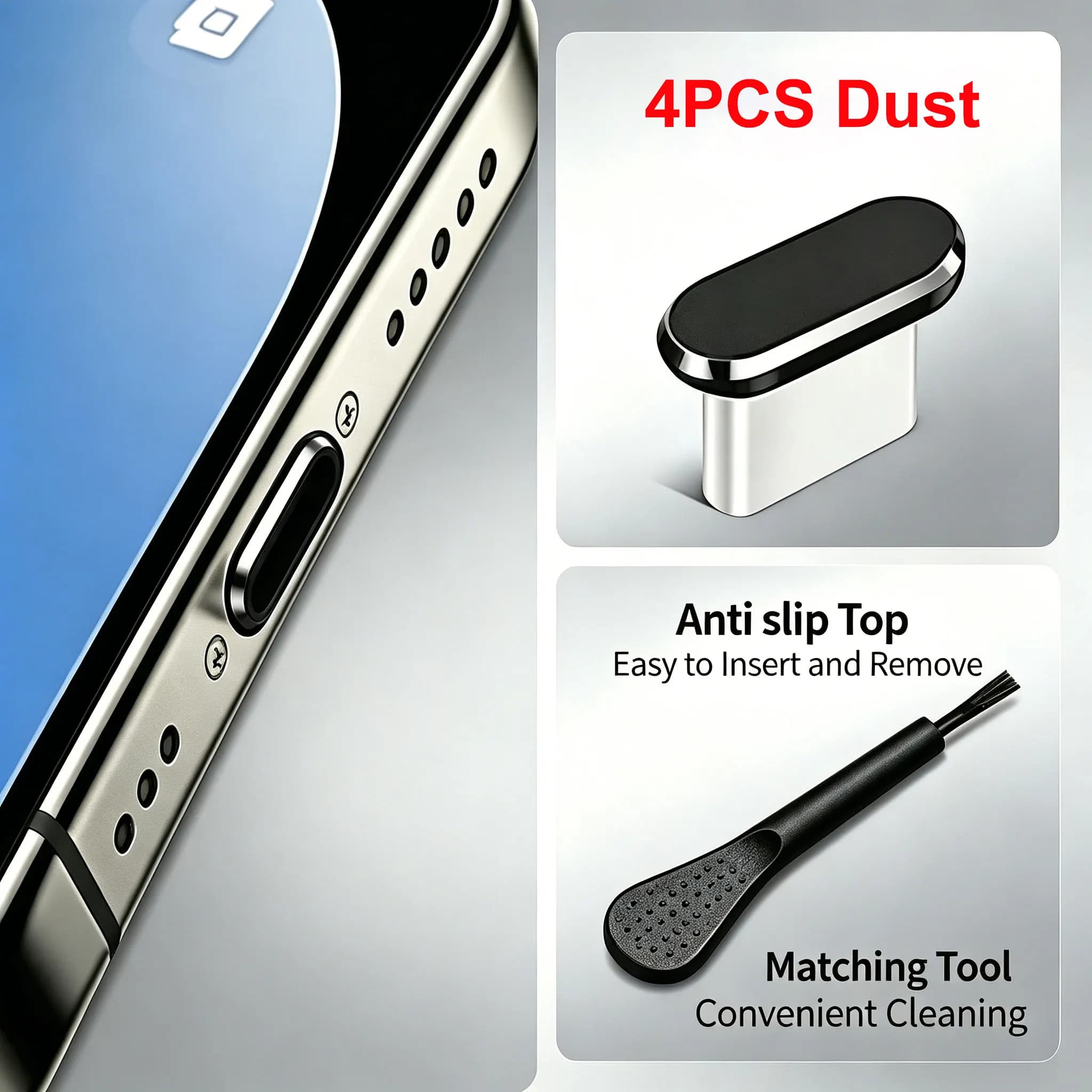 4Pcs USB C Dust Plug Set Anti-Dust Cover Caps with Cleaning Brush for iPhone Samsung & All Smart Phones Charging Port Protection