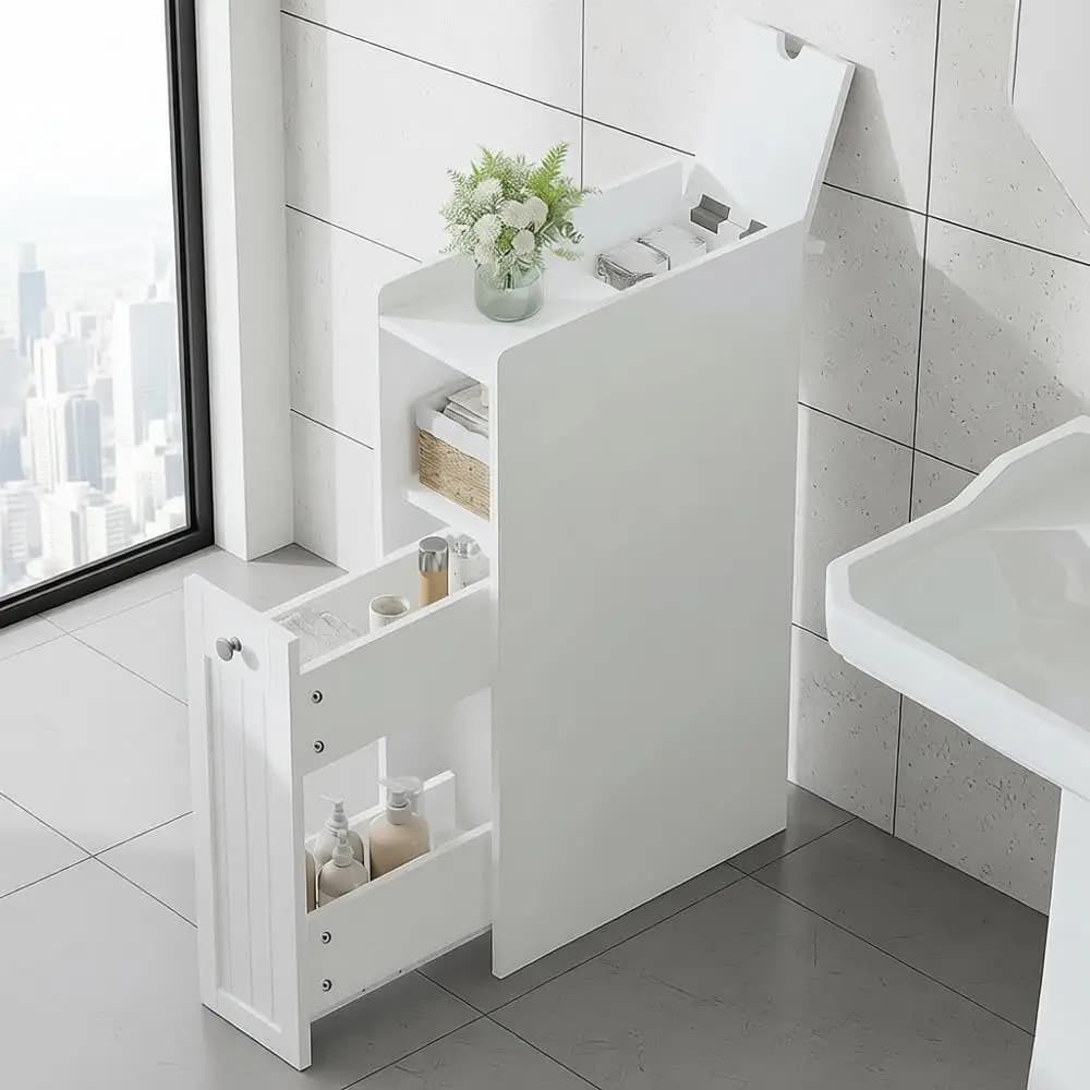 Armadietto da bagno sottile, piccolo organizer stretto con cassetti scorrevoli, porta carta igienica indipendente, bagno