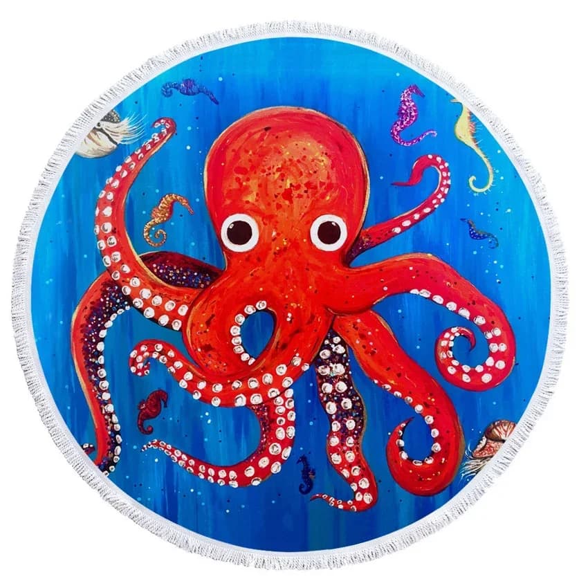Summer round sea towels with underwater octopus pattern, bath towels and shower with storage bag with coulisse, yoga mat, blanket