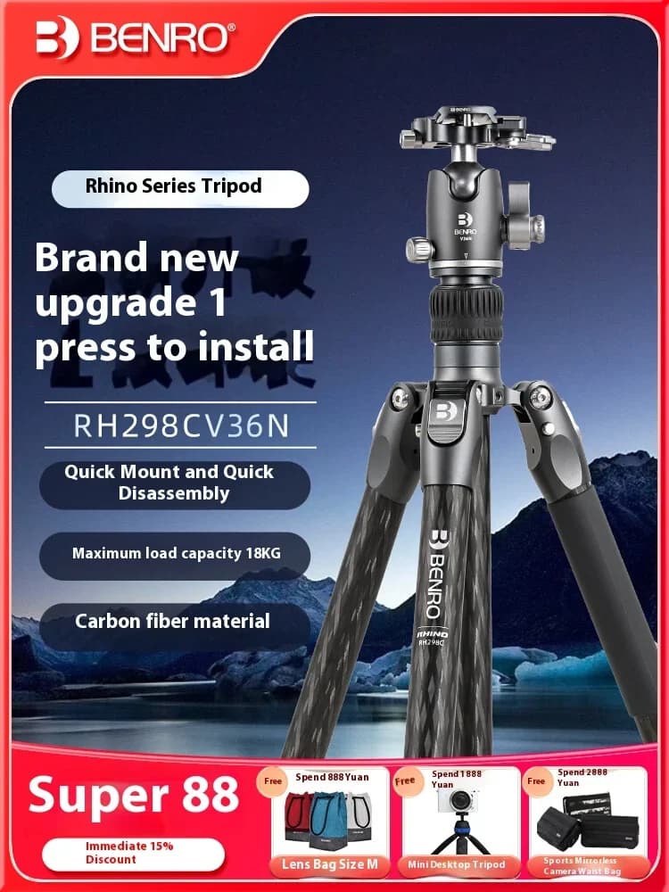 Treppiede in Fibra di Carbonio Benro Rhino RH229/258/298/328C, Monopiede Professionale Portatile per Fotocamere SLR Canon e Nikon