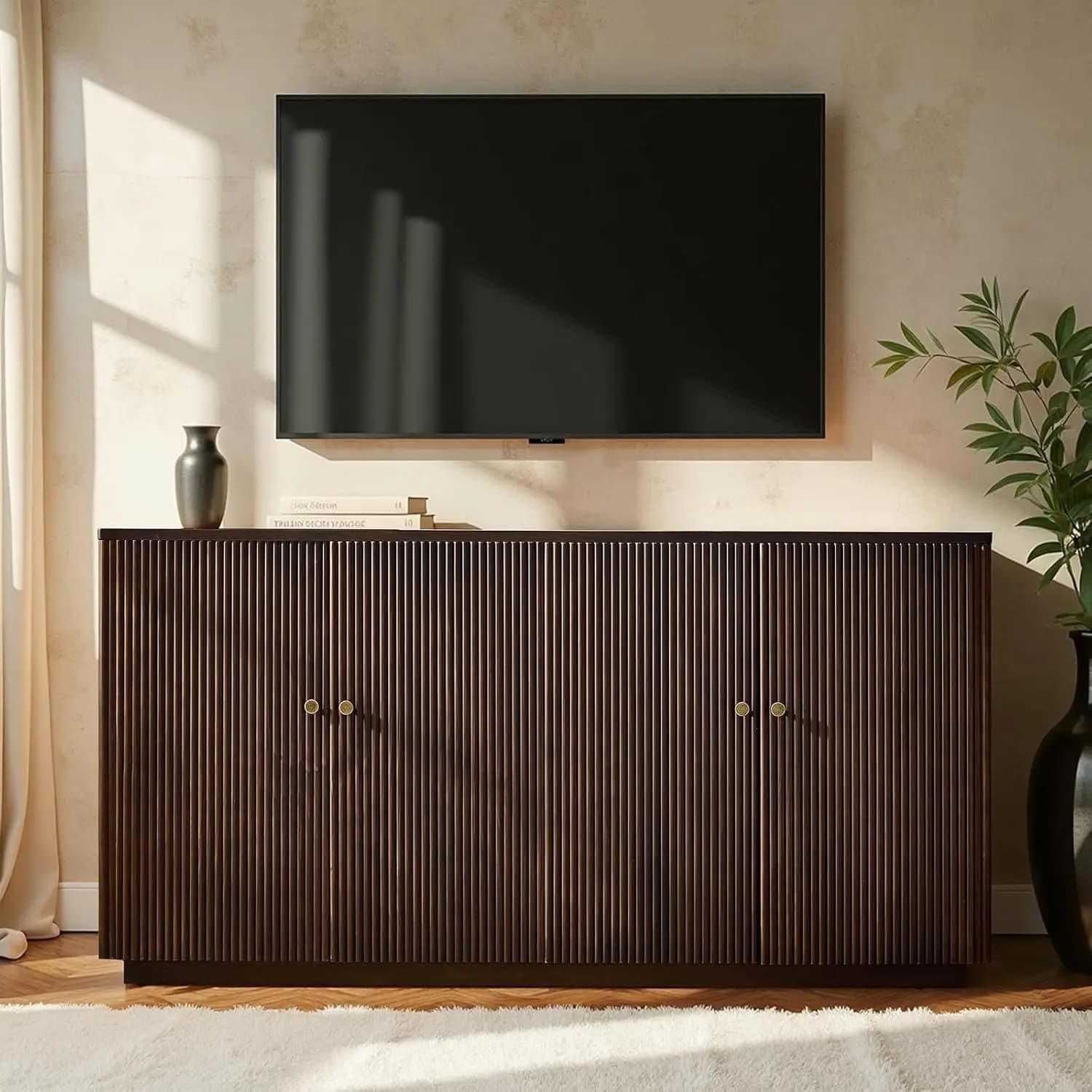 Credenza Moderna Scanalata con Ripiani Regolabili e Gestione Cavi, per Soggiorno, Sala da Pranzo, Corridoio, in Noce, Personalizzabile
