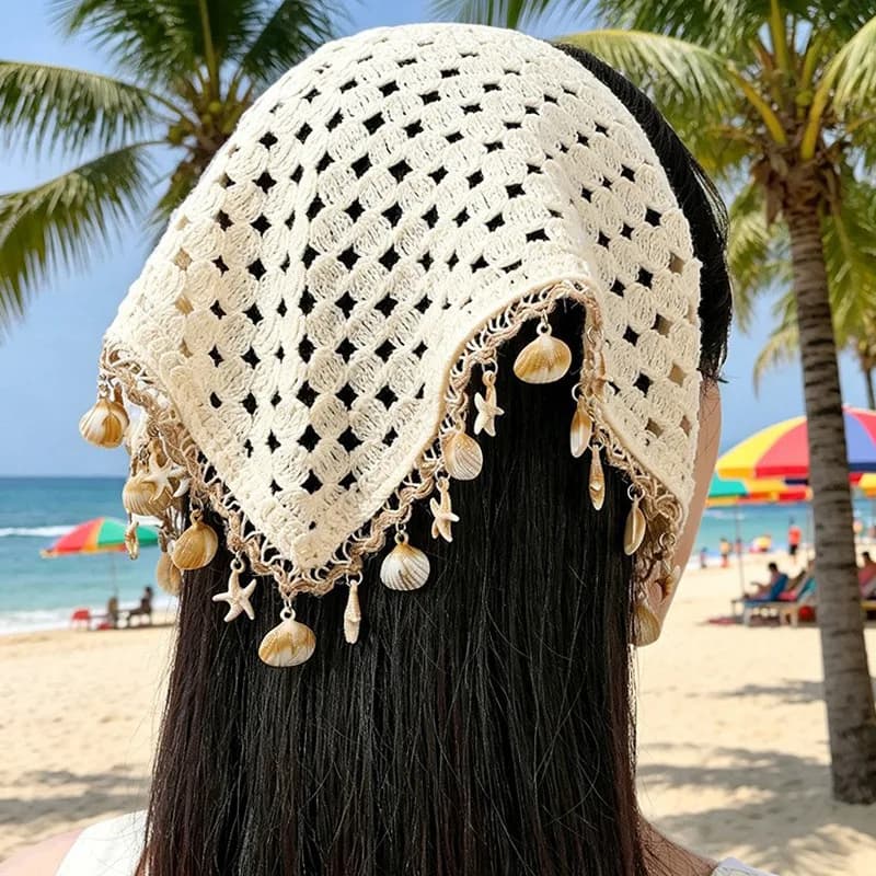 Boho Hollow Out Knitted Beanie Shell Tassel Pendant Head Wrap Hat Spring Summer Versatile Casual Pullover Headwear