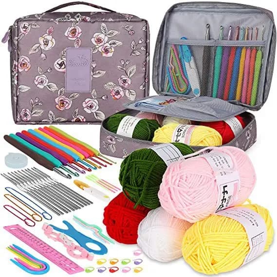 Kit uncinetto con set di accessori per maglieria per principianti, ganci per filati, aghi, borsa portaoggetti, regalo, 58 pezzi