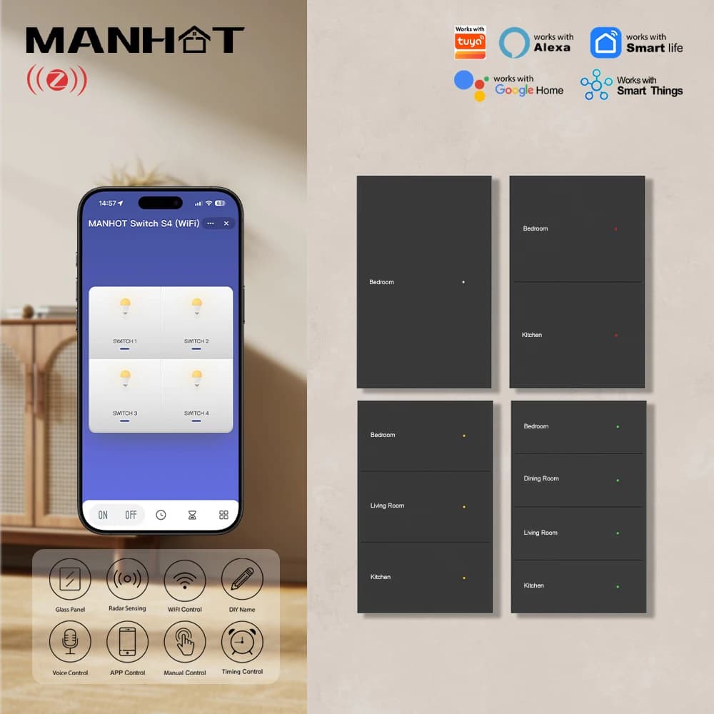 MANHOT Zigbee Smart Switch DIY Room Name with Backlight Color Adjustment APP Voice Control Child Lock Timing for Home Automation