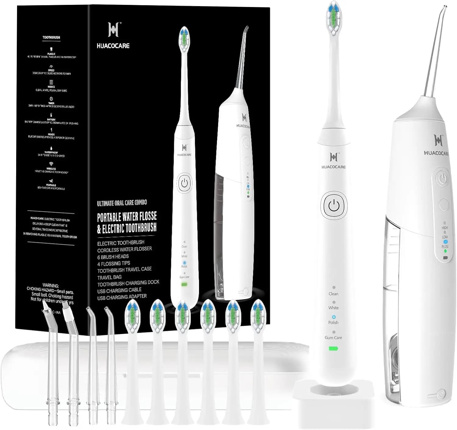 Combo idropulsore e spazzolino elettrico per la pulizia dei denti e la salute delle gengive, bianco