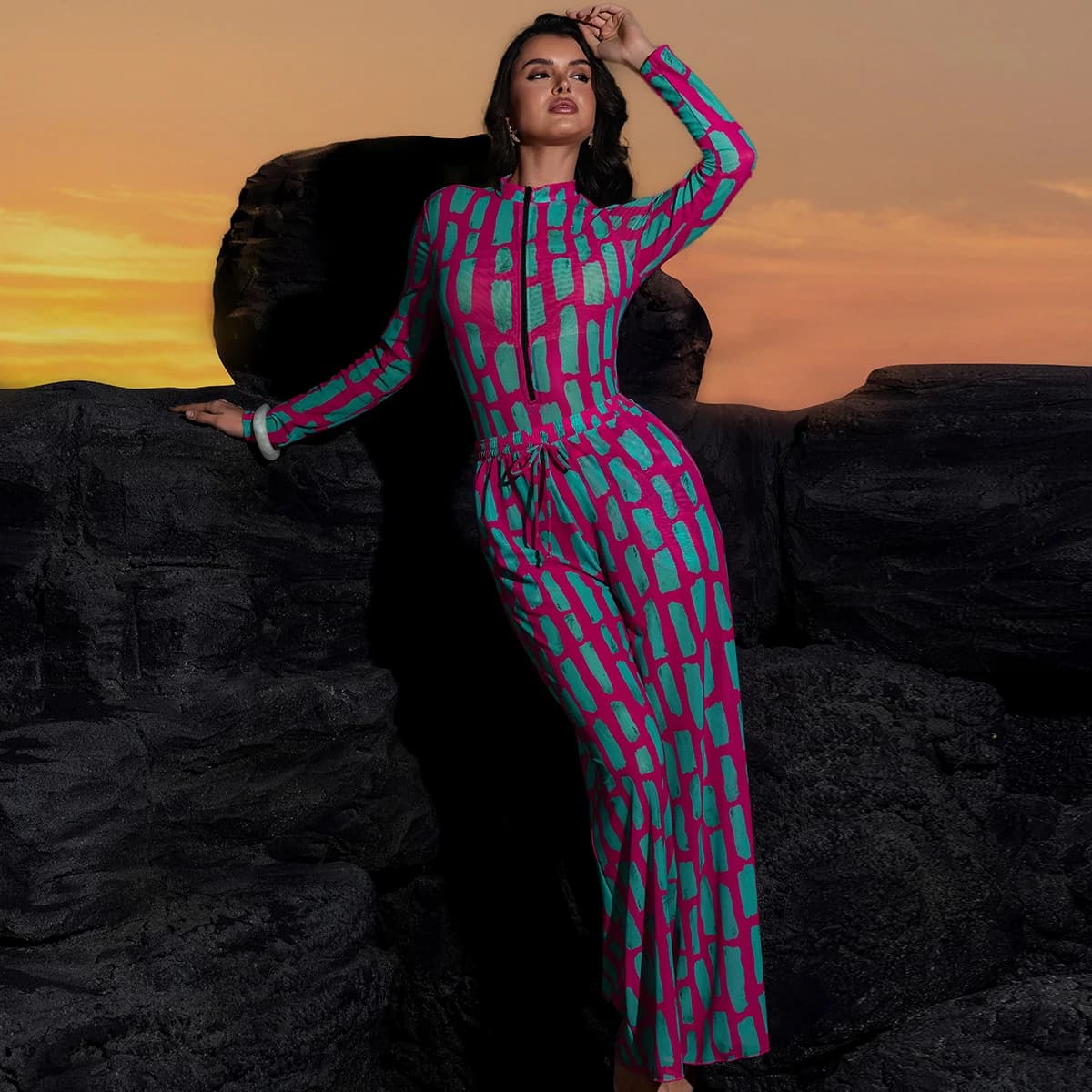 Costume da bagno sexy in rete 2026: Completo 2 pezzi alla moda a vita alta per il surf, con controllo pancia, top a maniche lunghe e pantaloni lunghi copricostume