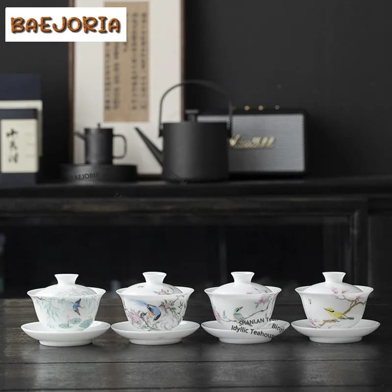 BAEJORIA 135ml Boutique Ice Seed Jade Porcelain Gaiwan Hand-painted Flower And Bird Tea Tureen Household Tea Maker Cover Bowl
