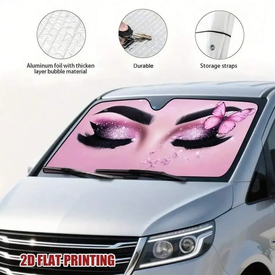 Parasole per Auto con Stampa di Farfalle e Ombretto Rosa, Design Piatto 2D, Accessorio Interno Universale