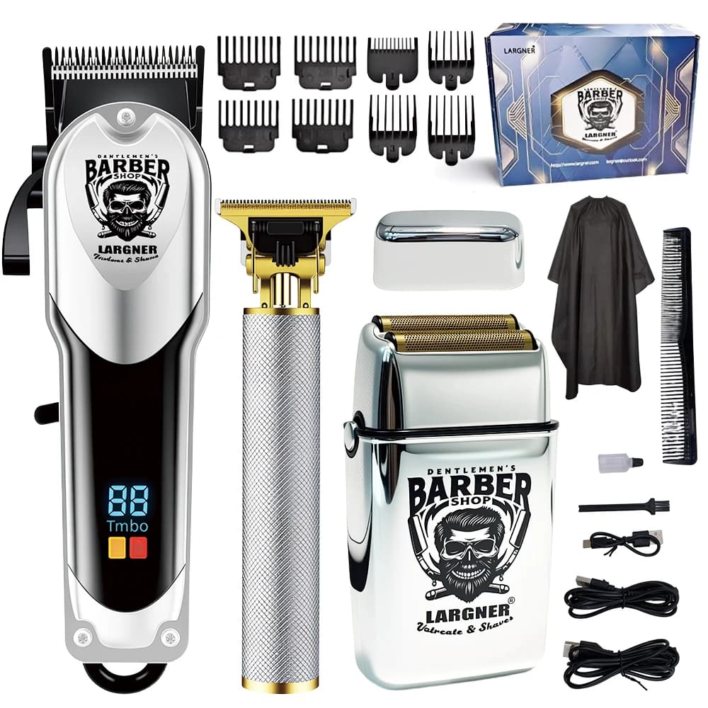 LARGNER RQ6678 Silver Hair Cutting Kit 3-in-1, Men's Professional Electric Hair Ruler for Shocked Cutting, High Power Rechargeable
