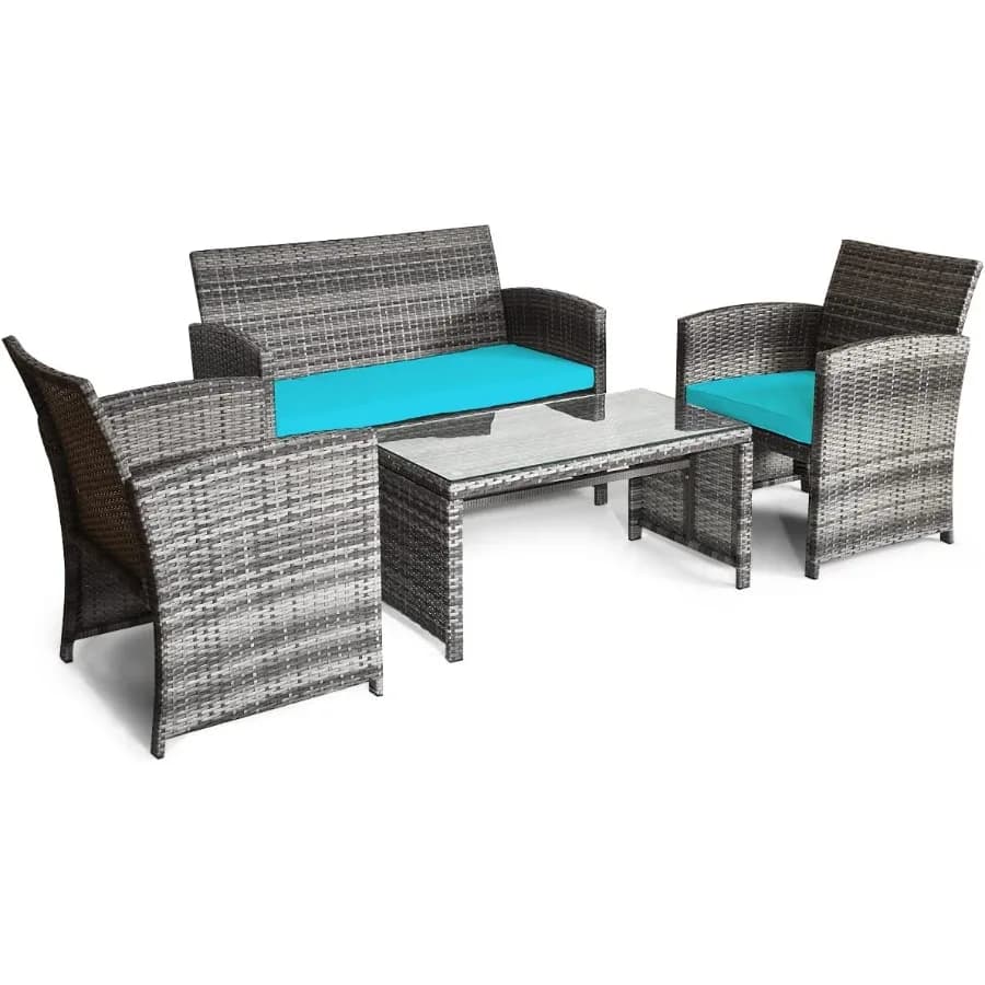 Set of 4 garden chairs for outdoor rattan sofa with padded seats, wicker table for front porch, poolside garden, lawn