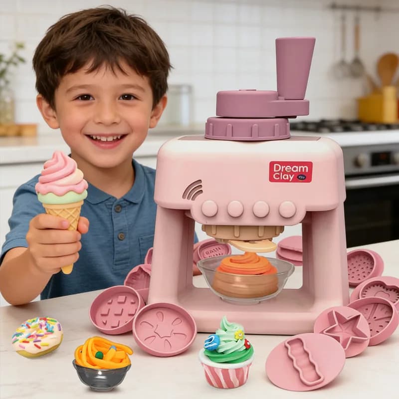 Pink Play Dough Ice Cream Machine 1Set, 12 Colors Clay & 9 Molds, Hand Crank DIY Kitchen Pretend Play Toy Girls Birthday Gift