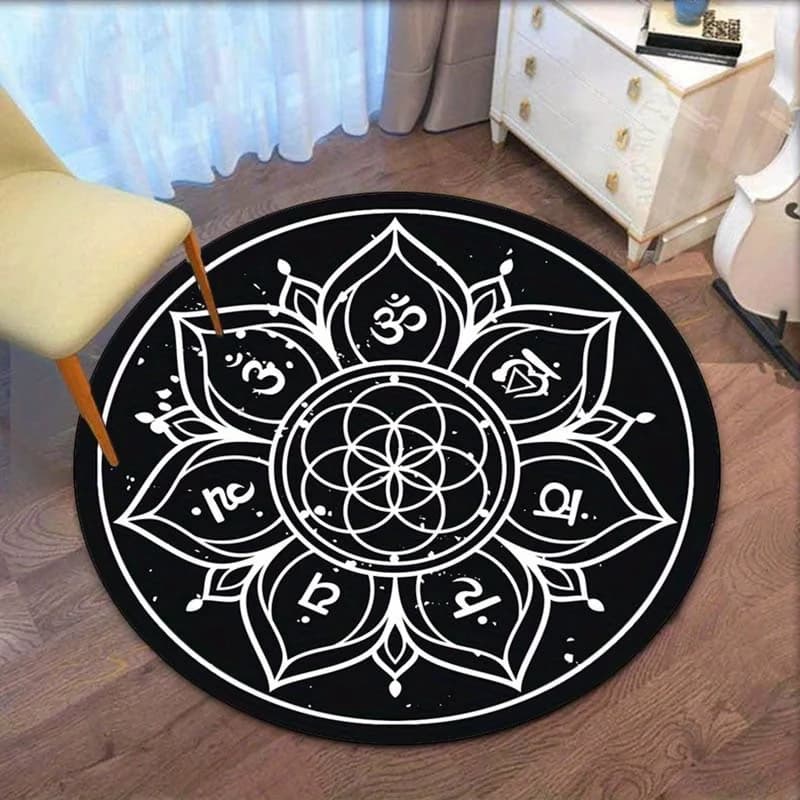 Round carpet with symbol Mandala Om white black Floor mat for meditation room yoga spiritual design Zen decoration Boho style carpet