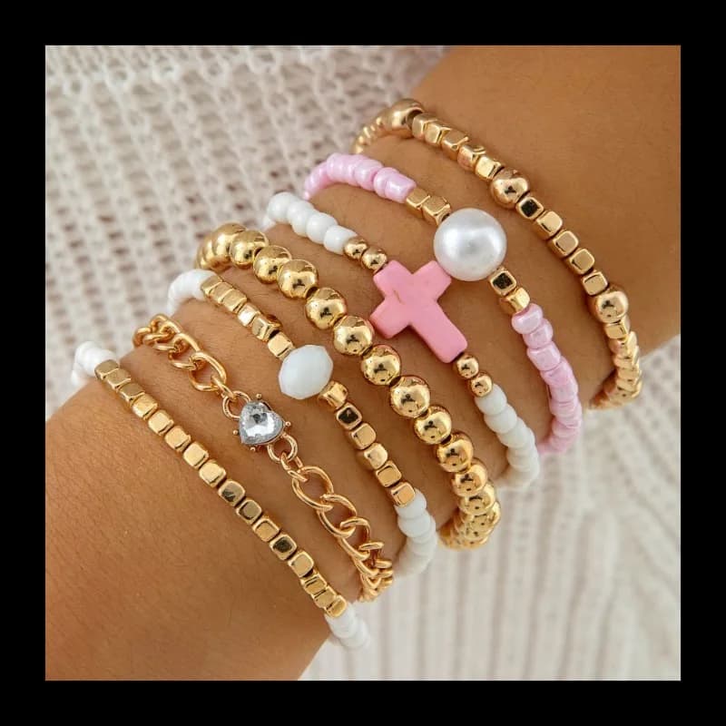 Bracciale, braccialetto alla moda con perline incrociate CCB, braccialetto semplice con perle di riso impilate