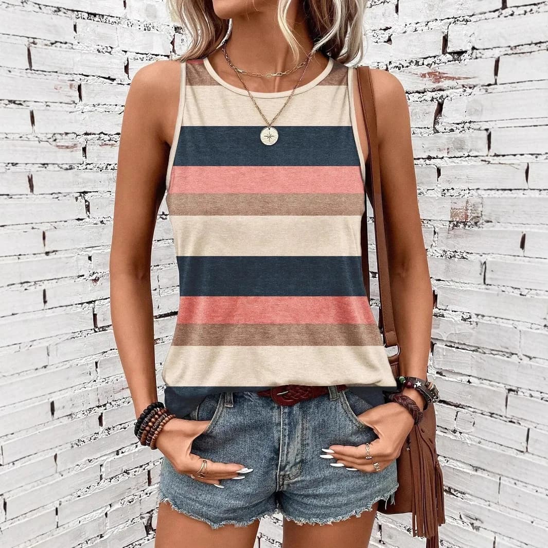 Fashion Stripe 3D Print Tank Tops Women Summer Casual O-Neck Elegant Vest Off Shoulder Y2k Sleeveless Camisole Woman Clothing
