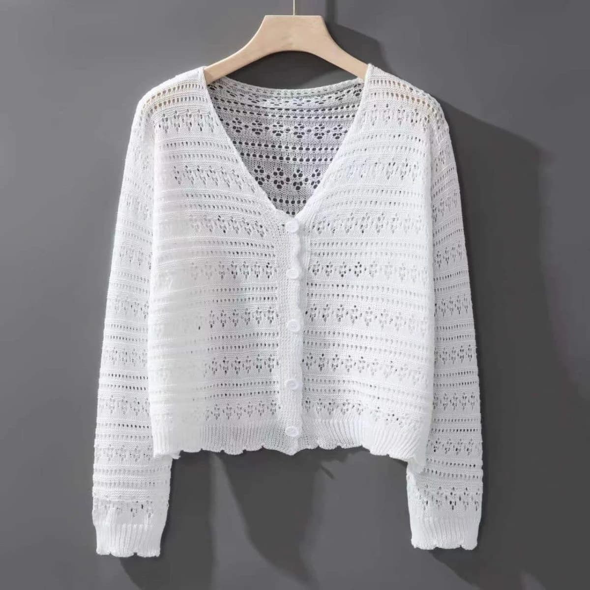 Cardigan bianco traforato in maglia da donna, sottile in seta ghiaccio, con gonna esterna e top per climatizzatore