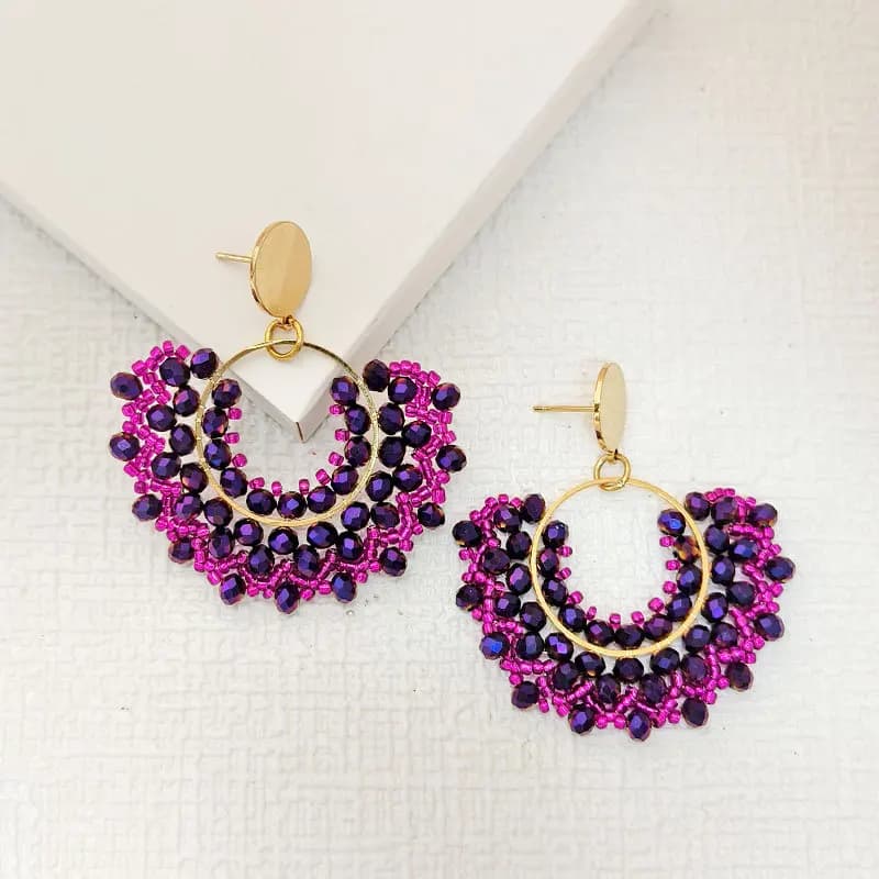 New Arrival Pendant earrings with hand woven bohemian crystal beads with geometric floral pattern fashionable stainless steel jewelry