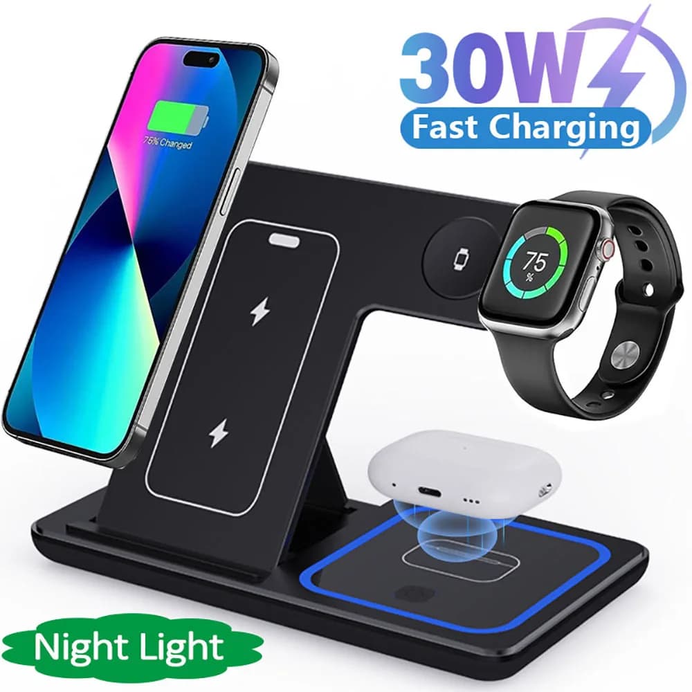 3 in 1 30W wireless charger with LED, folding, for iPhone 16 15 Pro Max, iWatch 8 7, Airpods, charging station.
