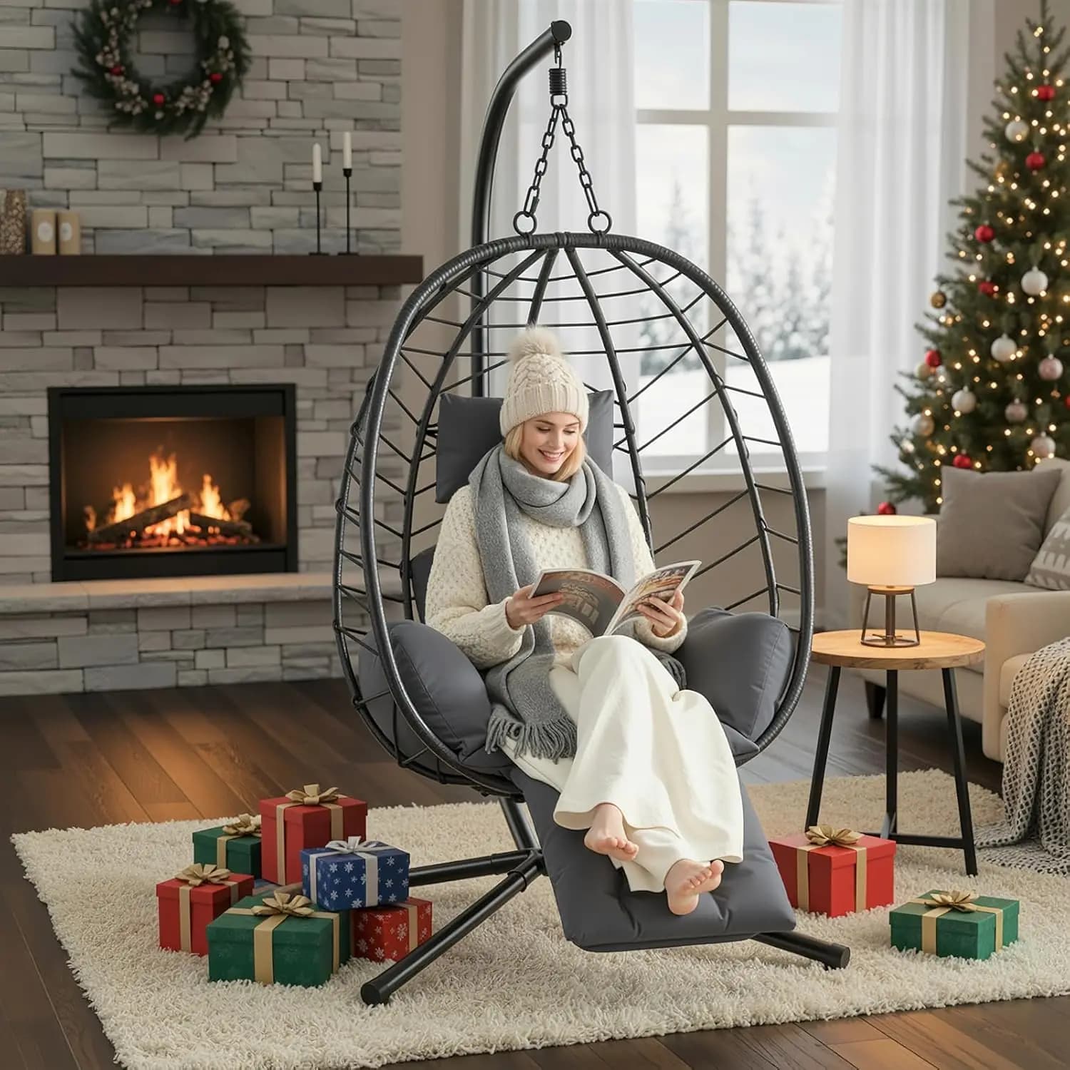 Hanging Egg Chair with Adjustable Footrest & Stand, Wicker Rattan Swing Hammock Chair with Cushion & Double Chains, Customized
