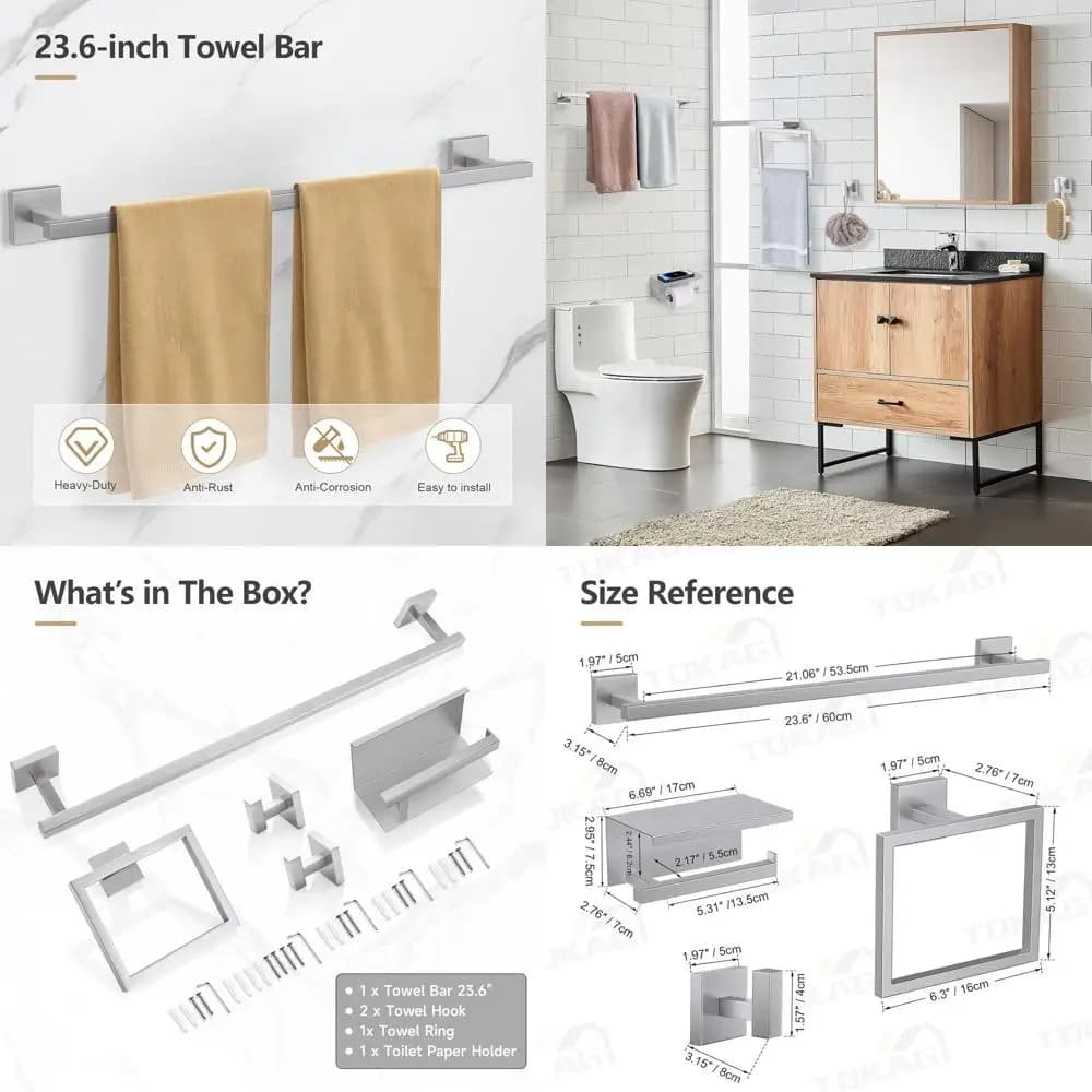 Set di Accessori da Bagno in Acciaio Inox Spazzolato Nichelato da 23,6 Pollici con Porta Asciugamani e Porta Carta Igienica