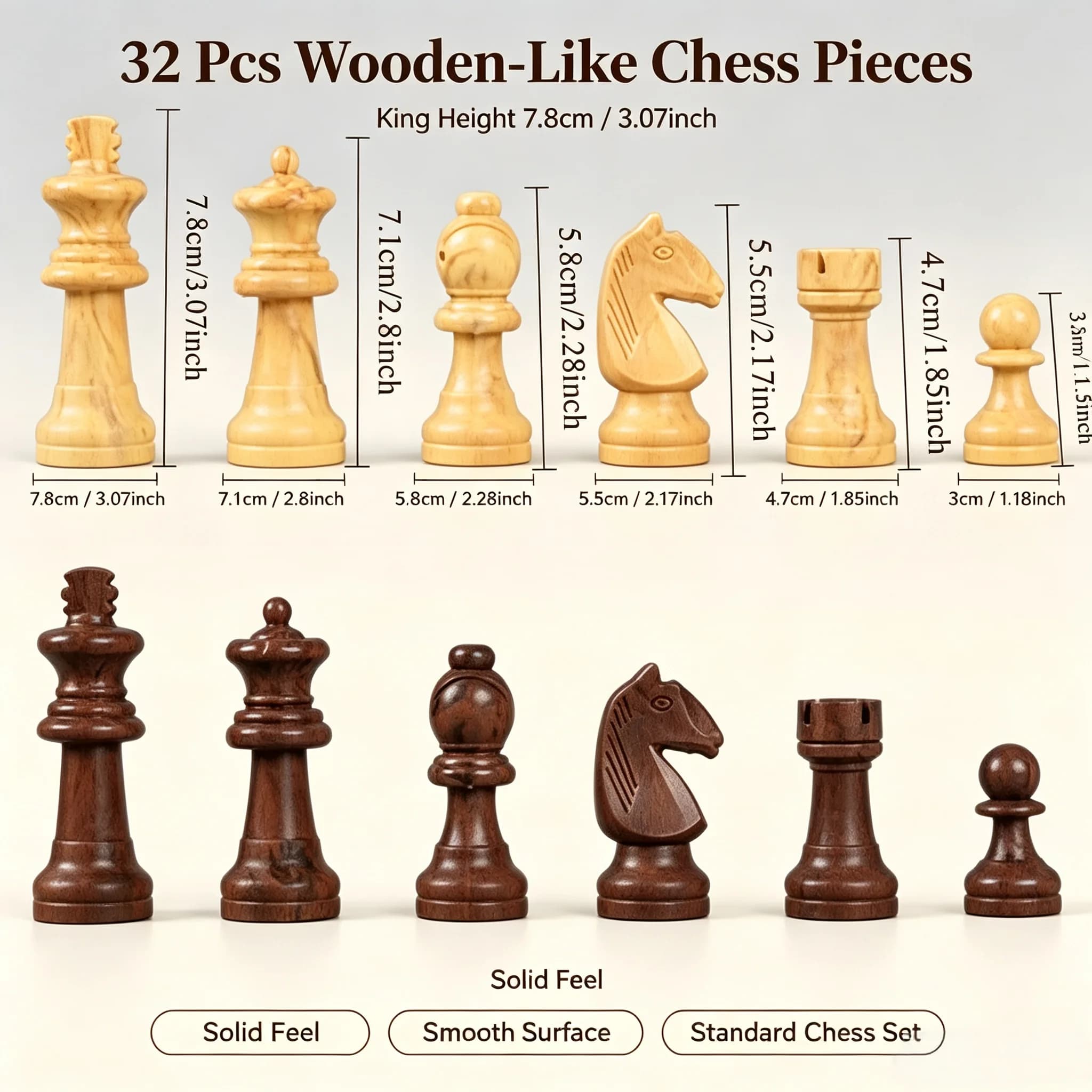 Solid Acrylic Chess Pieces Set 32 Pcs, King Height 7.8cm, Replacement Chessmen for Chess Board Game