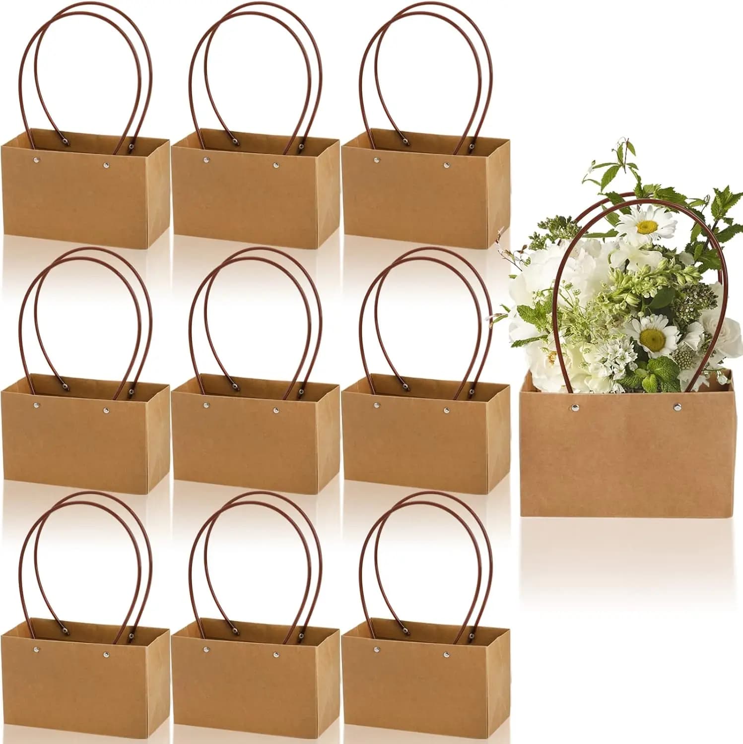 Confezione da 10 Sacchetti Regalo in Carta Kraft con Manico, Fodera Impermeabile per Bouquet, Bomboniere, Ultra Spessi e Riutilizzabili