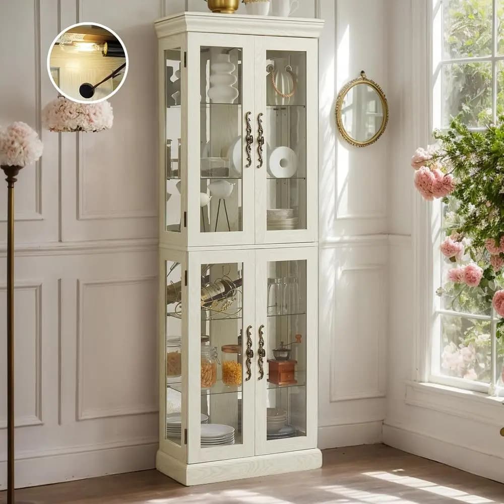 Vetrina Vintage 71 con Ripiani Regolabili, 4 Porte in Vetro Temperato, Lampadina Inclusa, Bar per Vini in Legno o Soggiorno
